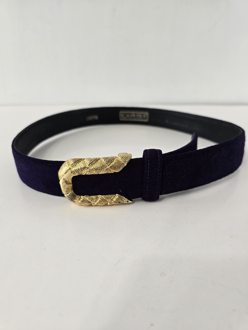 Carisle Velvet Purple Belt Vintage Velour Goldtone Woven Design Push Buckle Sz L